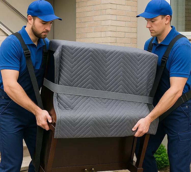 Flyttfirma som bär ett piano med lyftselar och skyddsutrustning